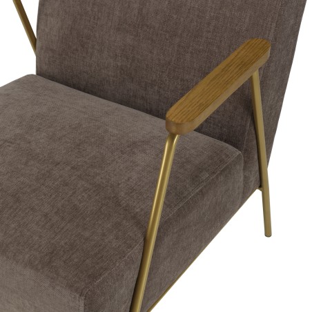 AGATHE Taupe Fabric Lounge Chair with Gold Metal and Wooden Armrests