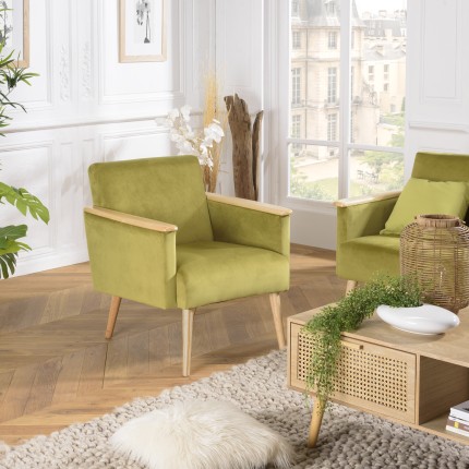 AGATHE Light Green Velvet Armchair - Wooden Legs & Armrests
