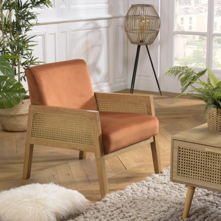 Fauteuil AGATHE velours orange et rotin