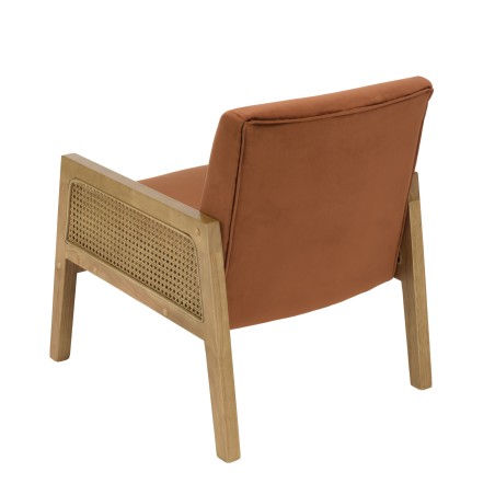 AGATHE Orange Velvet Armchair with Wooden Legs and Rattan Armrests