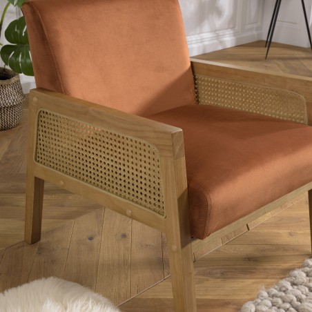 AGATHE Orange Velvet Armchair with Wooden Legs and Rattan Armrests