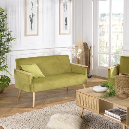 AGATHE Light Green Velvet 2-Seater Sofa - Wooden Legs & Armrests