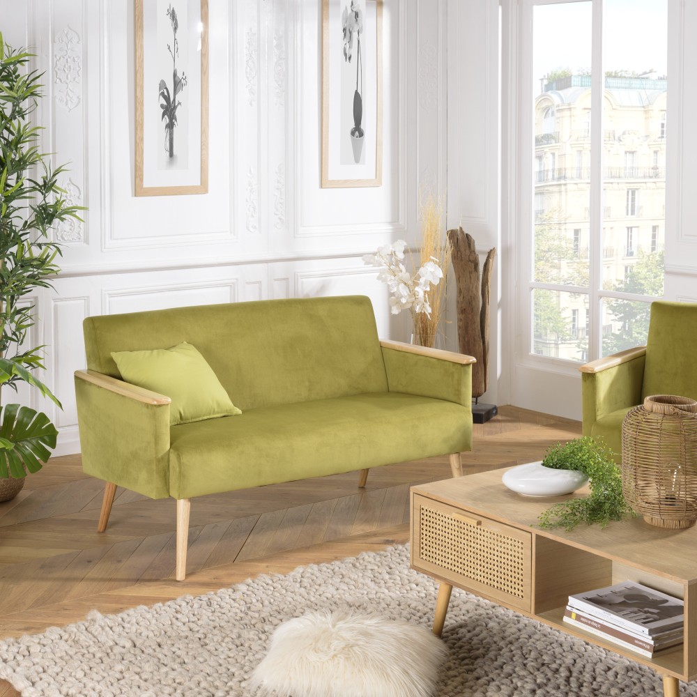 AGATHE Light Green Velvet 2-Seater Sofa - Wooden Legs & Armrests AGATHE Light Green Velvet 2-Seater Sofa - Wooden Legs & Armrests
