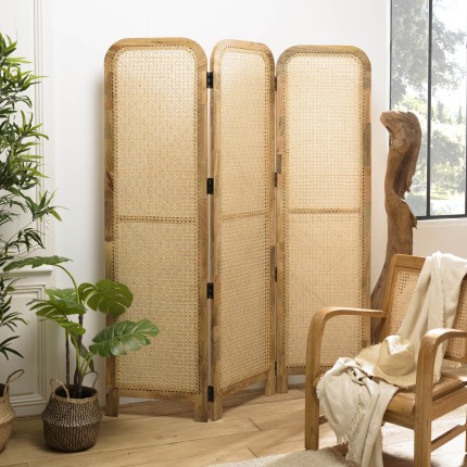 Paravent ISA en bois de manguier et cannage