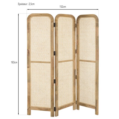 Paravent ISA en bois de manguier et cannage