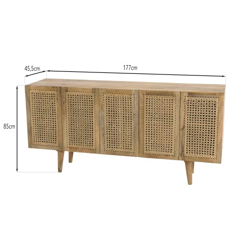 ISA Brown 5-Door Sideboard in Mango Wood with Cane - Bohemian Style