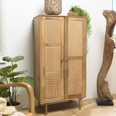 ISA Brown Tall Cabinet with 2 Doors | Mango Wood & Cane | Elegant Storage