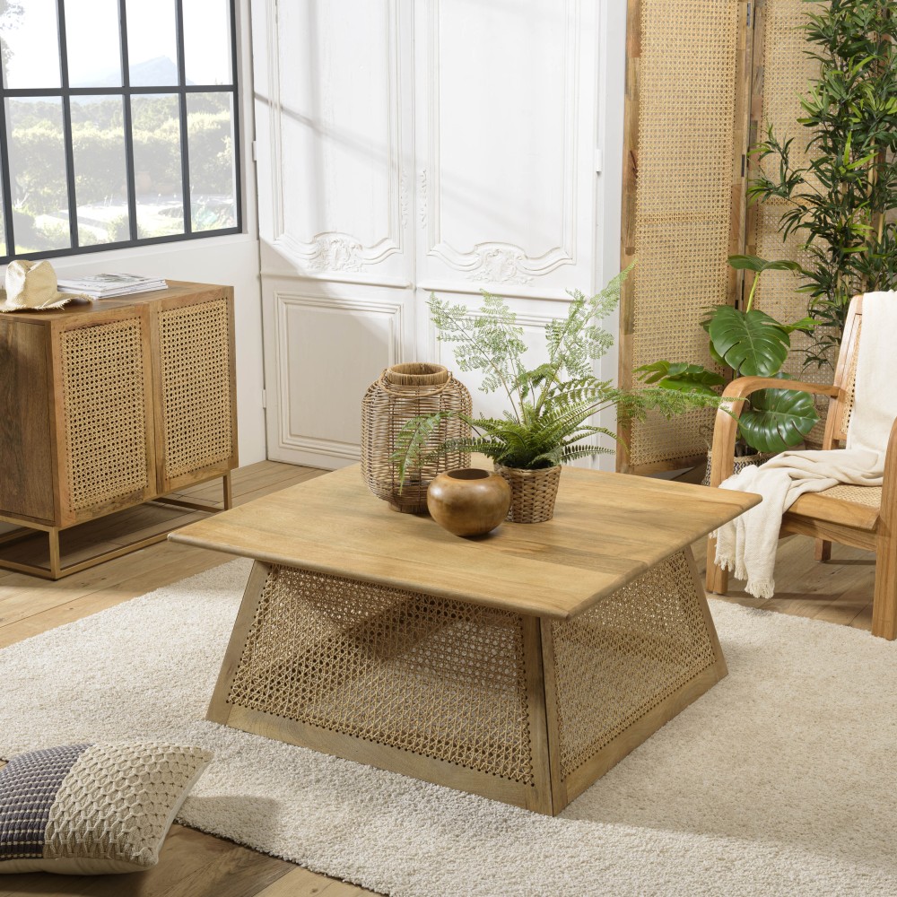 ISA Square Coffee Table - Brown Mango Wood and Natural Cane - Large Dimensions ISA Square Coffee Table - Brown Mango Wood and Natural Cane - Large Dimensions