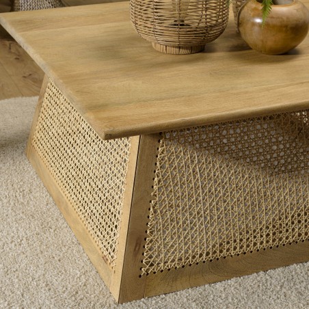 ISA Square Coffee Table - Brown Mango Wood and Natural Cane - Large Dimensions
