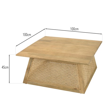 ISA Square Coffee Table - Brown Mango Wood and Natural Cane - Large Dimensions