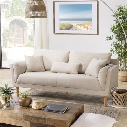 Canapé beige 3 places NELSON - Pieds en bois clair