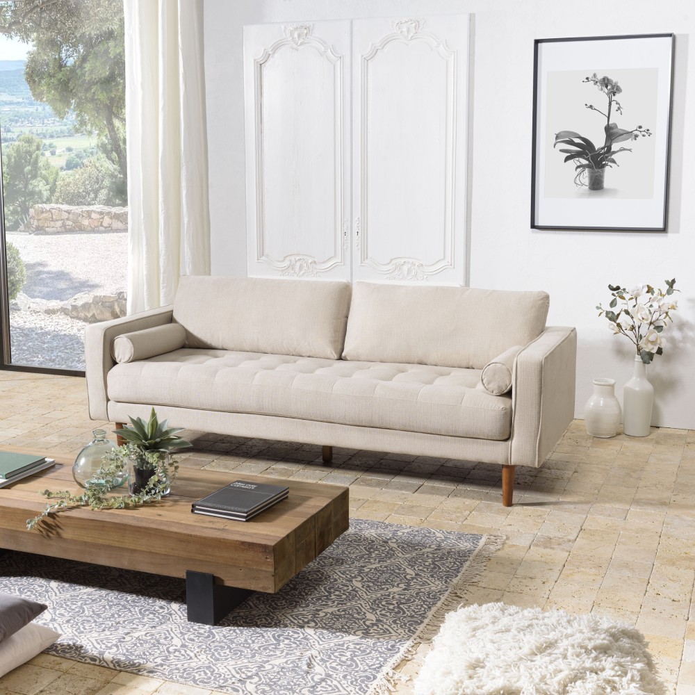 NELSON Beige 4-Seater Sofa with Wooden Legs - Large Comfortable Couch