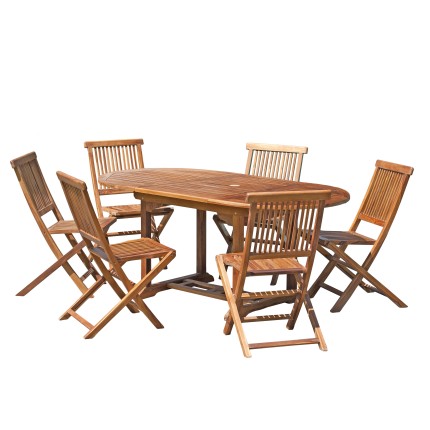 MAEVA Oiled Teak Wood Garden Furniture Set for 4/6 People - Extendable Oval Table & 6 Chairs